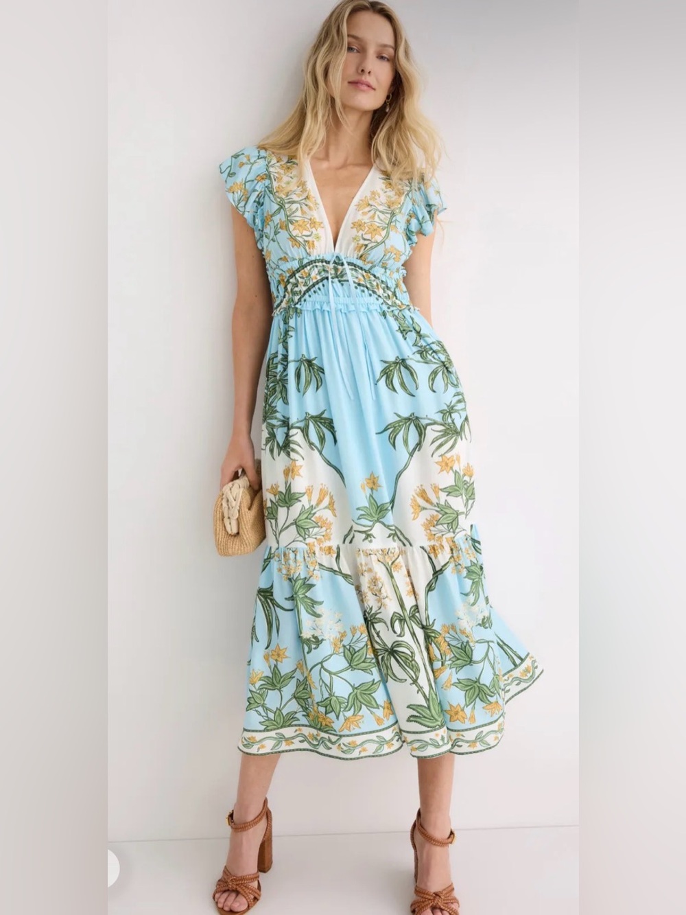 Derek Lam Flutter Sleeve Blue Midi Summer Floral Dress